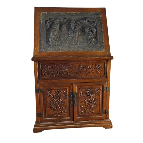 An old Chinese ceremonial cupboard with large engraved stone panel, early 20thC