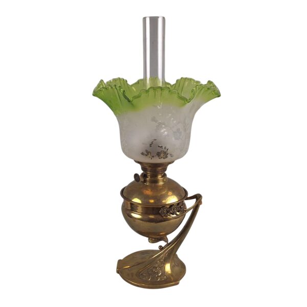 Antique Art Nouveau brass oil lamp with original glass shade