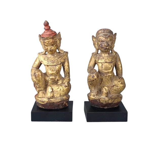 A pair of antique gilt carved wood figures, Thai Sacred Angels