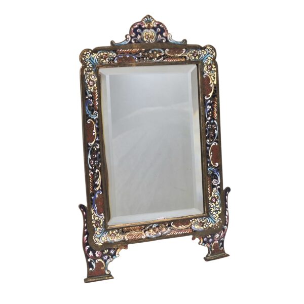 Antique French bronze enamel table mirror, 19thC