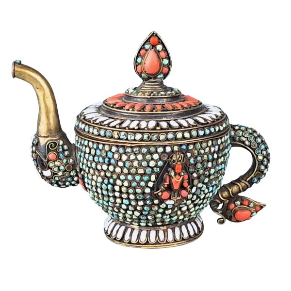 Antique, Chinese Tibetan gilt metal, coral/turquoise covered tea pot