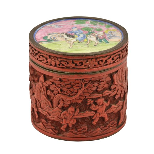 Antique Chinese carved cinnabar,cloisonne enamel tobacco jar,humidor