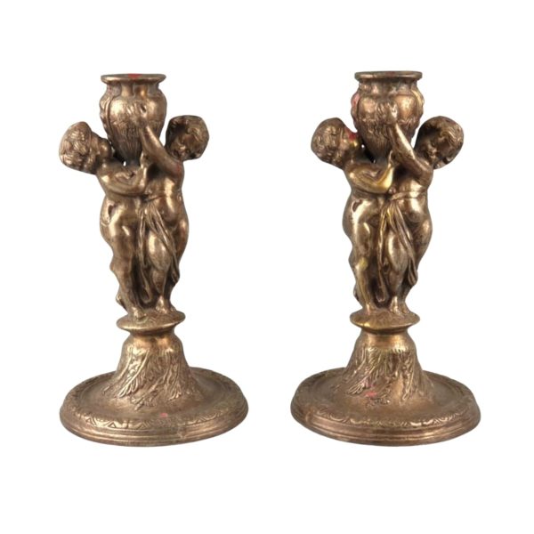A pair of antique bronze candlesticks, 19thC