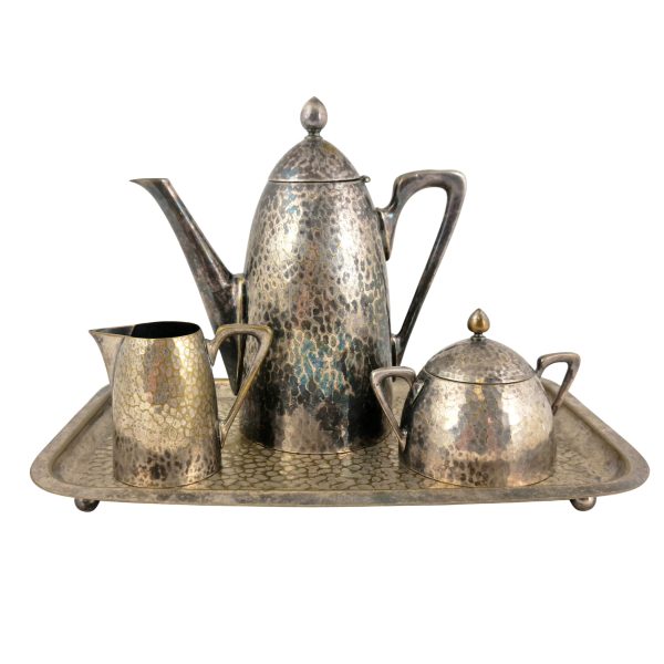 Carl Deffner, Art Deco style silvered brass coffee set with plate